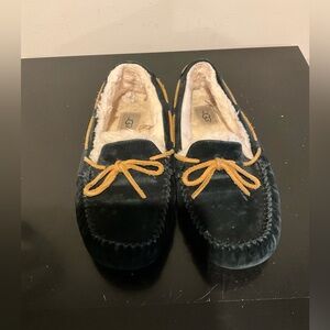 UGG Black Suede Moccasin Slippers with Chestnut Laces Size 8